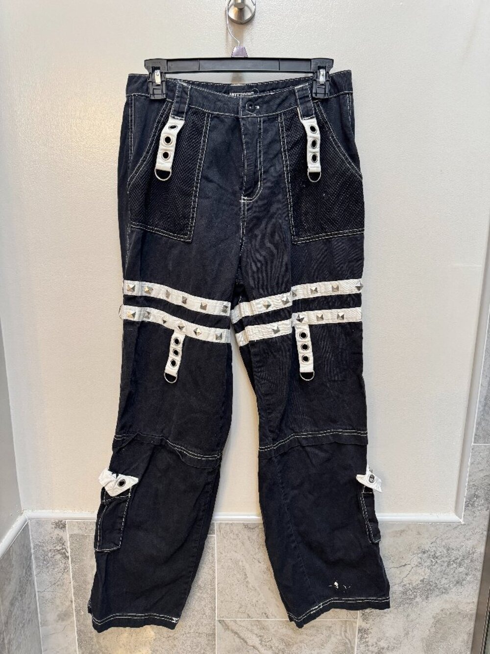 Hot Topic Black Bondage Pants Size 7 Studded Grommet Wide Leg Goth Punk Cyber